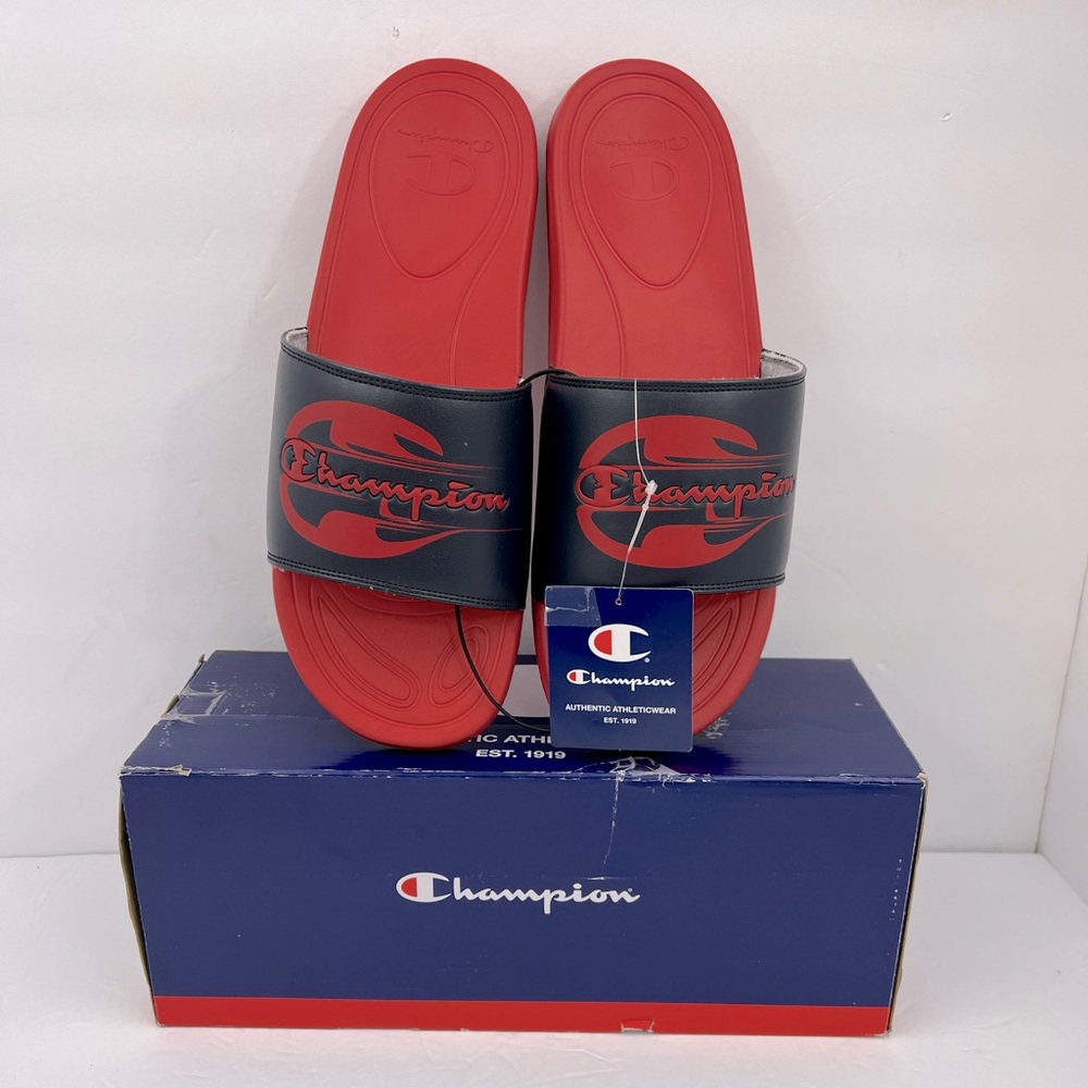 CHAMPION MENS FLIP FLOP SANDALS, “NAVY/SCARLET” COLORS, MENS SIZE 13
